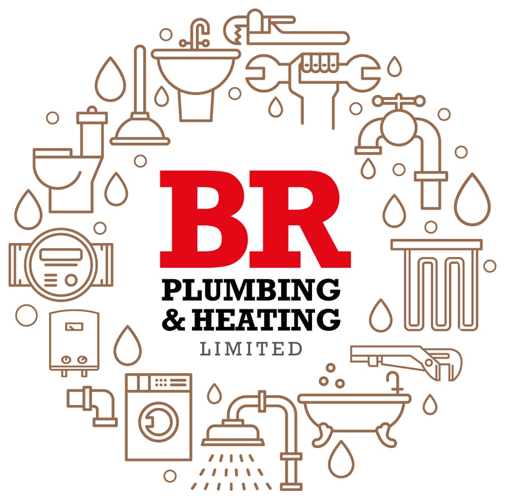 BR Plumbing & Heating logo with tools and fixtures.